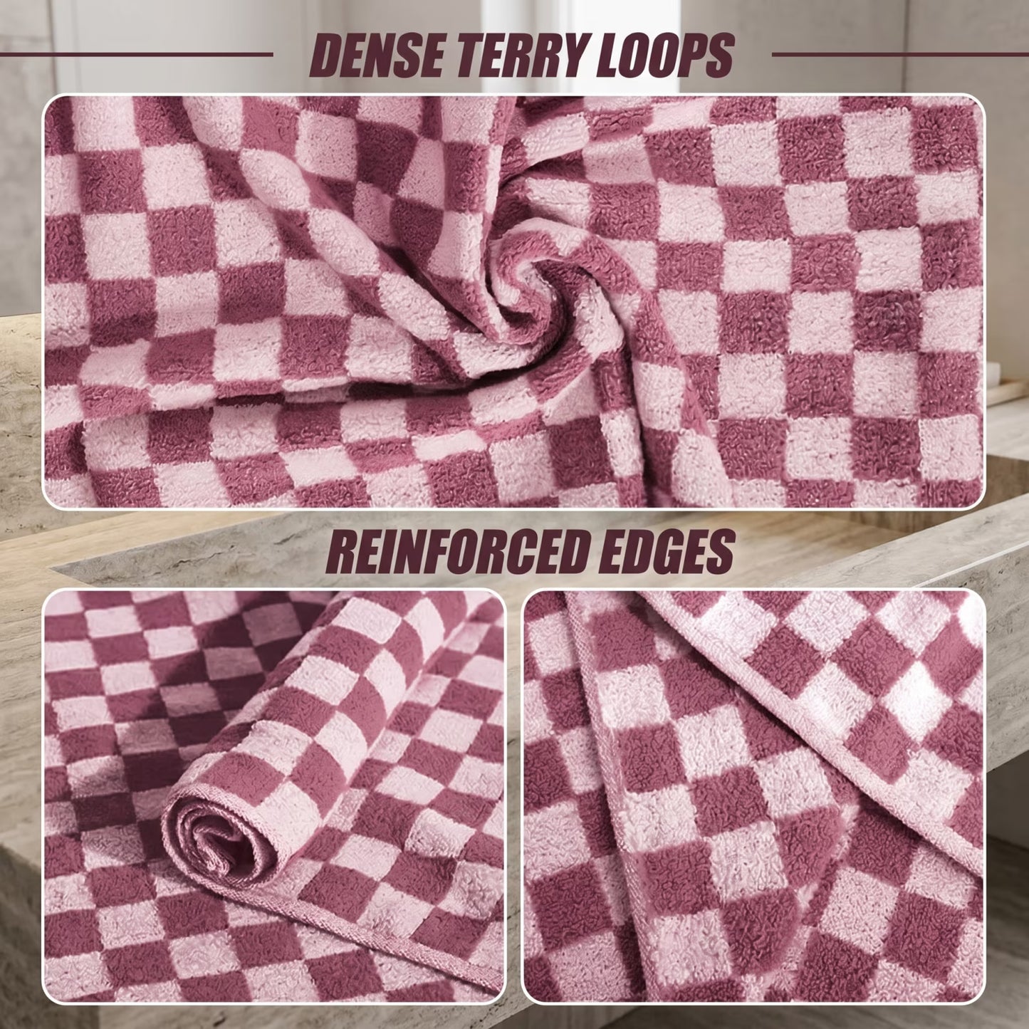 Check Pattern Cotton Body Towels 2-Pack, Lightweight Quick Dry Woven Terry Towel (Pink, 27.5 x 55 Inches) for Daily Shower, Guest Room and Beach