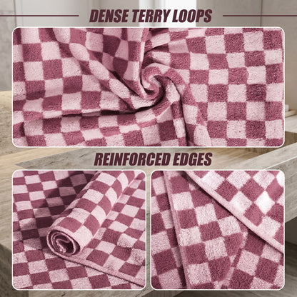 Check Pattern Cotton Body Towels 2-Pack, Lightweight Quick Dry Woven Terry Towel (Pink, 27.5 x 55 Inches) for Daily Shower, Guest Room and Beach