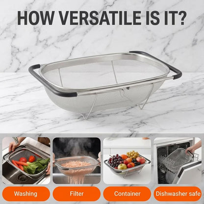 6 Quarts Fine Mesh Stainless Steel Colander, Over The Sink Colander, stainless steel colander strainer with Expandable Rubber Grip Handle, vegetable washing basket for Strain, Drain, Rinse