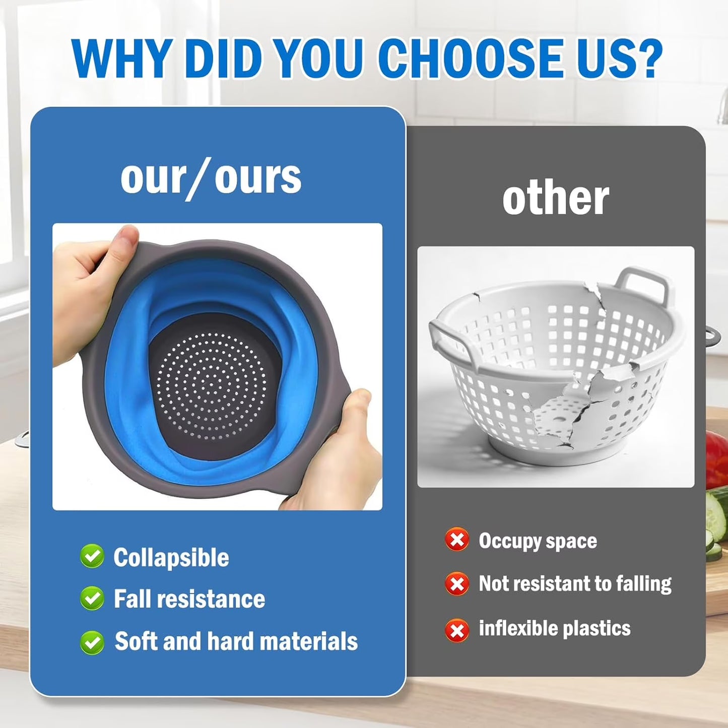 3 Pack Collapsible Colander Set, Silicone Kitchen Strainers for Pasta, Vegetables & Fruit, Space Saving Folding Colanders, Durable & Dishwasher Safe