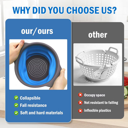 3 Pack Collapsible Colander Set, Silicone Kitchen Strainers for Pasta, Vegetables & Fruit, Space Saving Folding Colanders, Durable & Dishwasher Safe