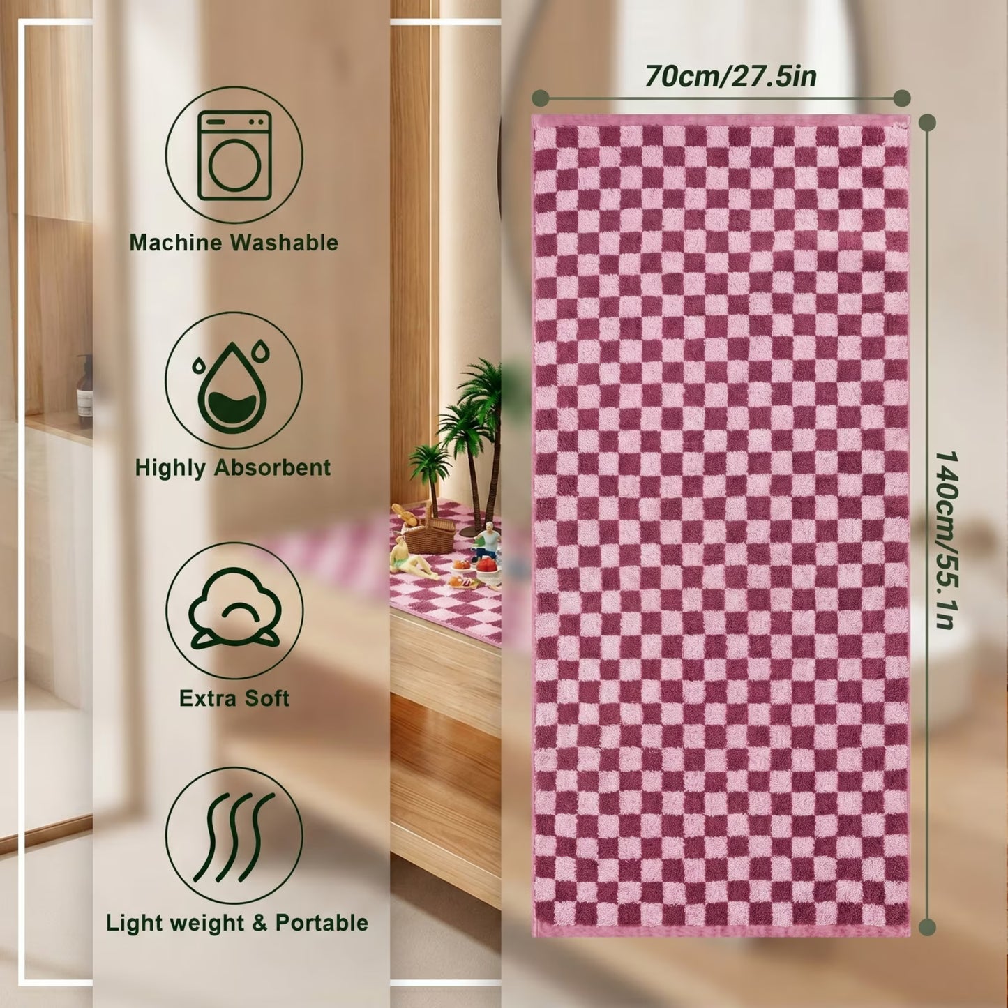 Check Pattern Cotton Body Towels 2-Pack, Lightweight Quick Dry Woven Terry Towel (Pink, 27.5 x 55 Inches) for Daily Shower, Guest Room and Beach