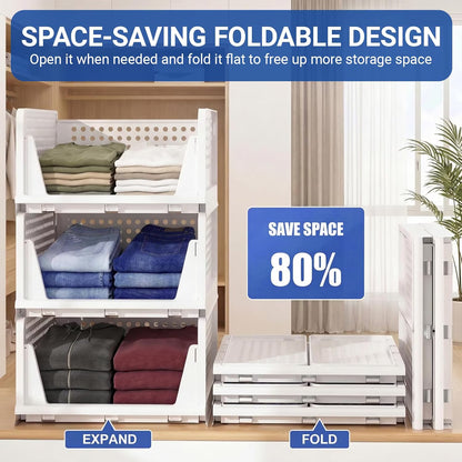 5 Packs Stackable Closet Organizer Bins, Foldable Plastic Storage Baskets, Waterproof Storage Containers for Drawer, Wardrobe, Bathroom, Living Room & Office, Space Saving Design