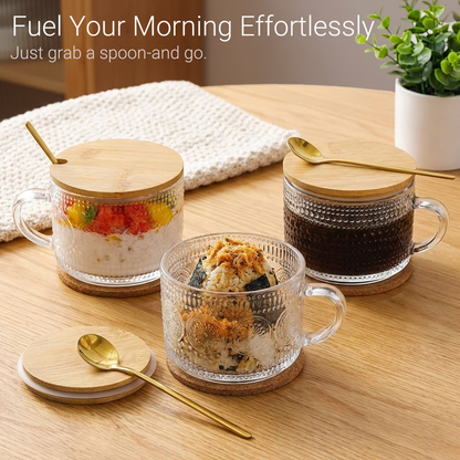 4 Packs Vintage Coffee Mugs, 14oz Embossed Glass Cups, Overnight Oats Containers with Lids, Vintage Mugs Set, Coffee Bar Accessories