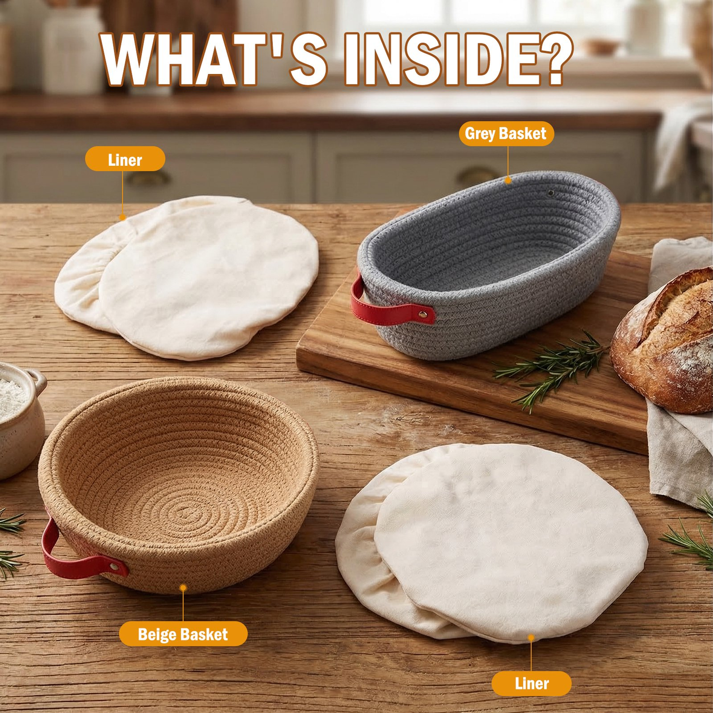 2-Piece Banneton Proofing Basket Kit, Round & Oval Dough Fermentation Baskets with Liners & Covers for Sourdough Baking