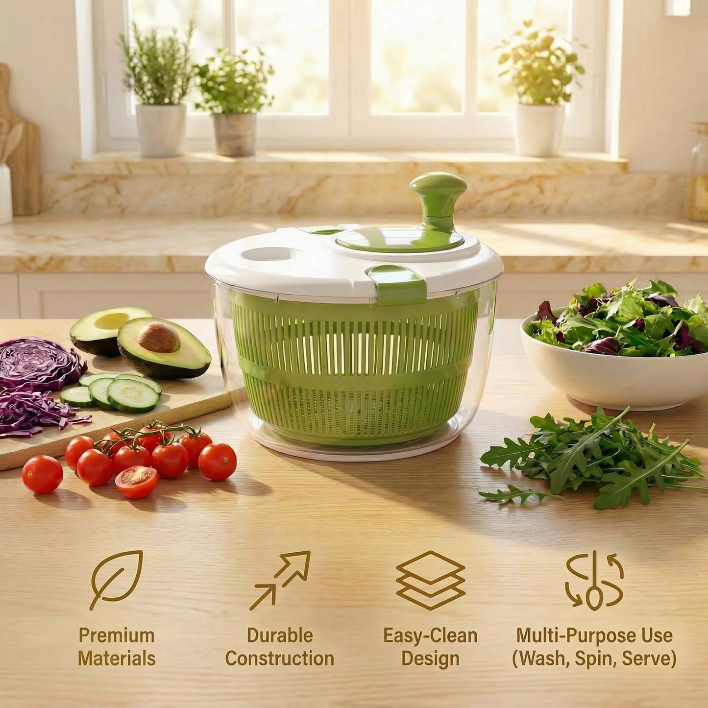 5-Quart Family Salad Spinner with Removable Colander - Multi-Use Vegetable Washer & Dryer, Dishwasher-Safe Lettuce Crisper with Pour Spout