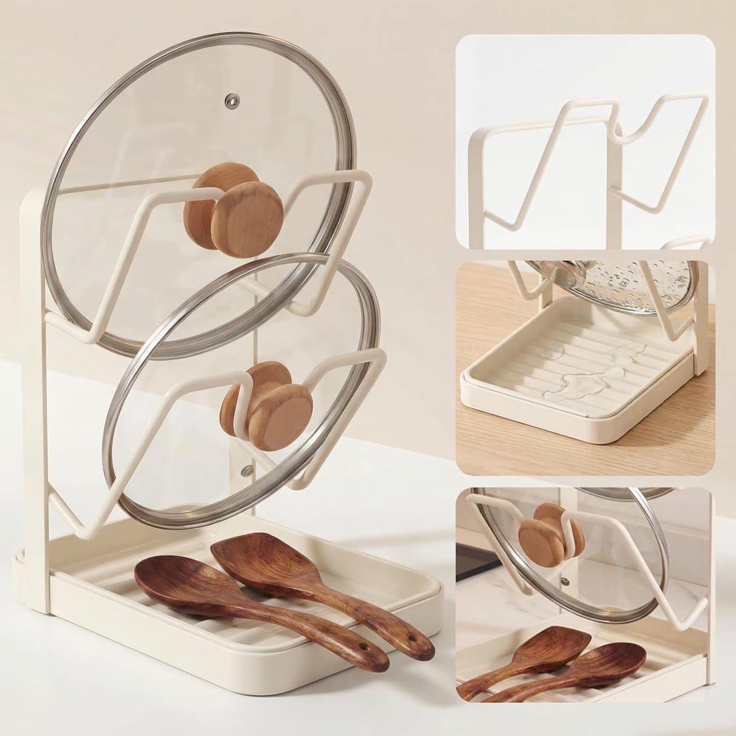 1 Pack Kitchen Pot Lid Holder Rack, Multifunctional Organizer with Removable Drip Tray, Holds Lids, Spoons & Utensils While Cooking, White
