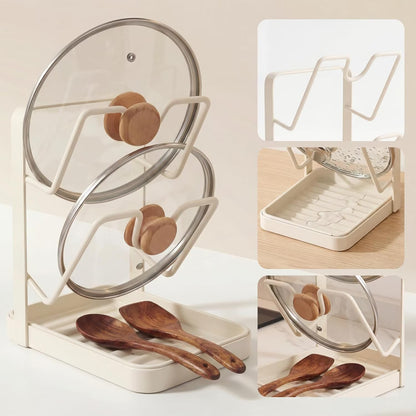 1 Pack Kitchen Pot Lid Holder Rack, Multifunctional Organizer with Removable Drip Tray, Holds Lids, Spoons & Utensils While Cooking, White