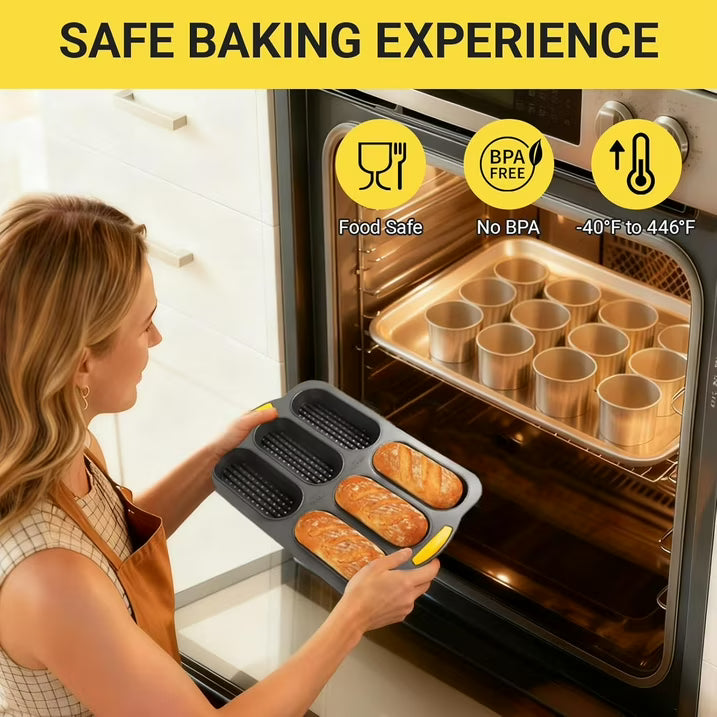 6-Cavity Silicone Baguette Pan, Nonstick French Bread & Hot Dog Bun Mold, Foldable Baking Pan for Hoagie Rolls, Easy Release, Dishwasher Safe, 1 Pack, Gray