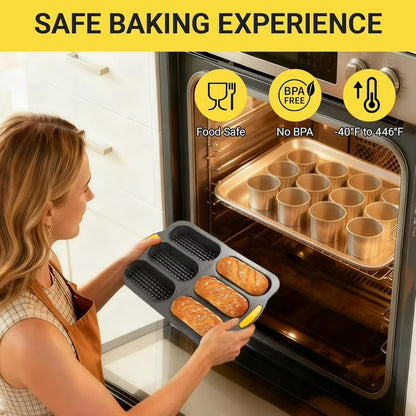 6-Cavity Silicone Baguette Pan, Nonstick French Bread & Hot Dog Bun Mold, Foldable Baking Pan for Hoagie Rolls, Easy Release, Dishwasher Safe, 1 Pack, Gray