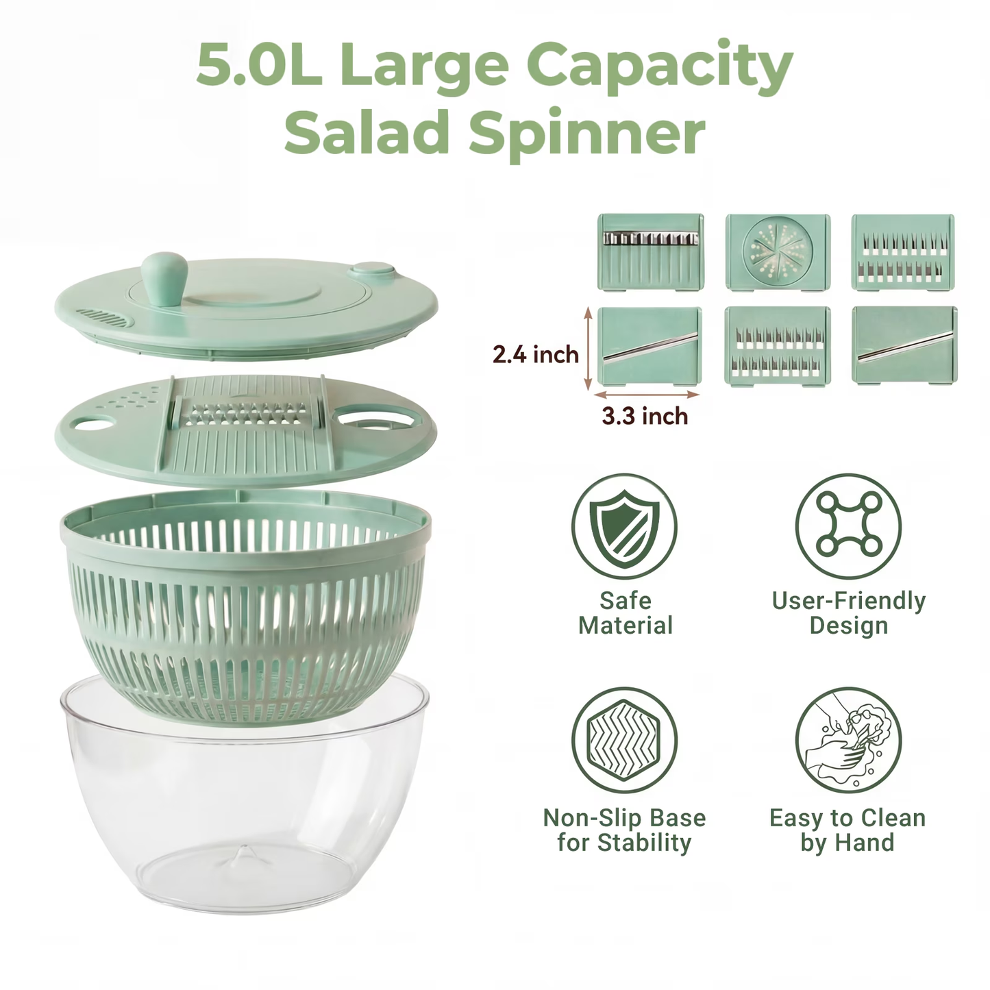 Large Salad Spinner and Slicer, 5.3 Qt 3-in-1 Vegetable Fruit Wash Bowl, Lettuce Washer with 5-Blade Slicer & Egg Yolk Strainer for Fast Salad Prep (Green)