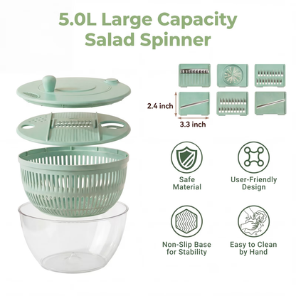 Large Salad Spinner and Slicer, 5.3 Qt 3-in-1 Vegetable Fruit Wash Bowl, Lettuce Washer with 5-Blade Slicer & Egg Yolk Strainer for Fast Salad Prep (Green)