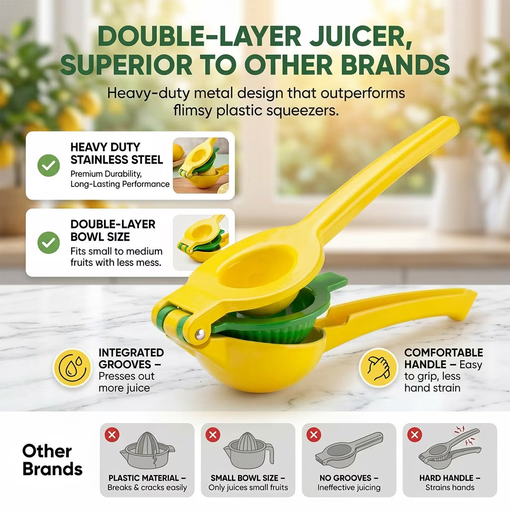 2-in-1 Maximum Juice Extraction Hand Citrus Press, Stainless Steel Metal Lemon & Lime Squeezer, Ultra-Durable Manual Lemon Juicer & Lime Juicer, Lemon Press