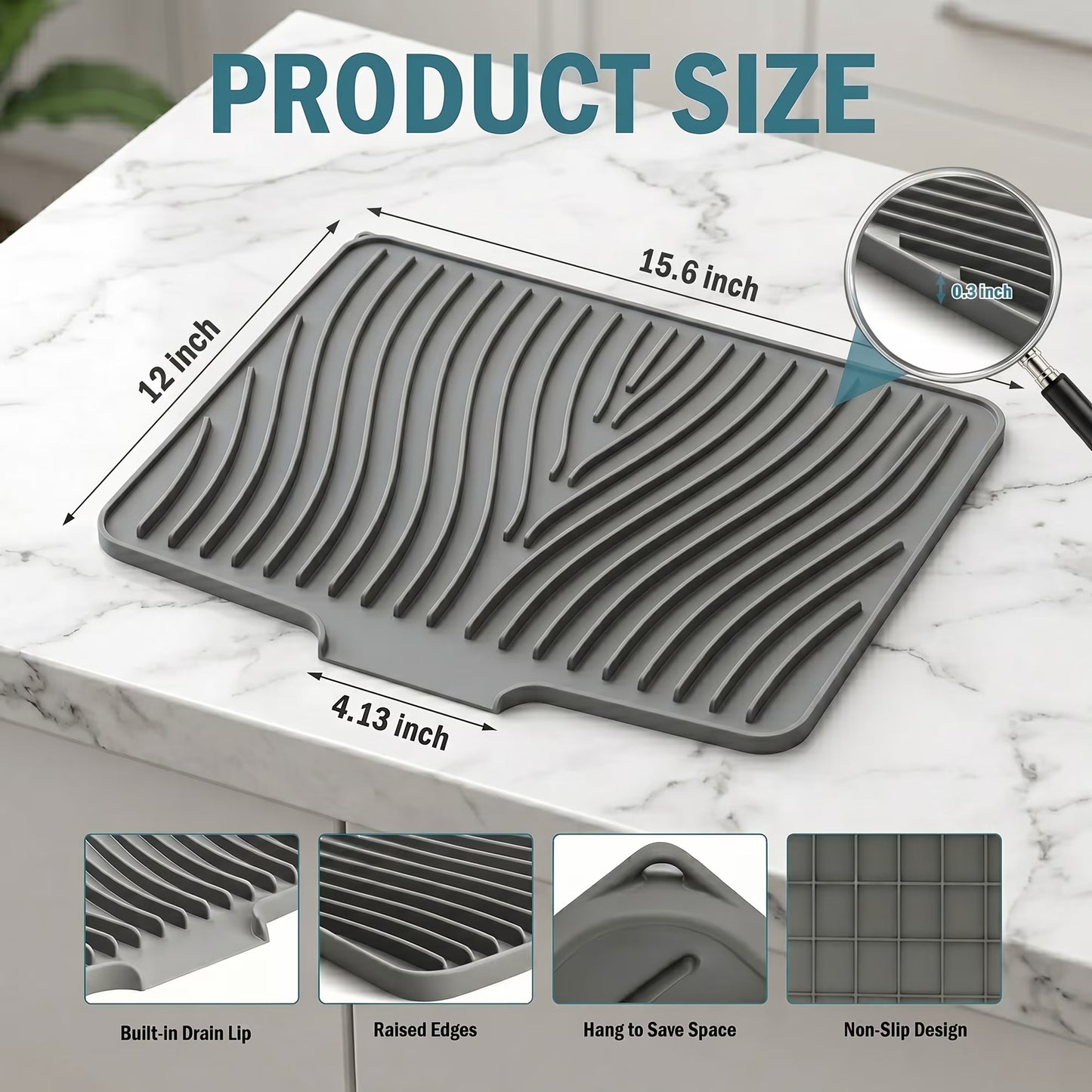 Silicone Dish Drying Mat for Kitchen Counter or Sink, Non-Slip Dish Drainer Mat with Built-in Drain, Heat Resistant Drying Pad, Grey