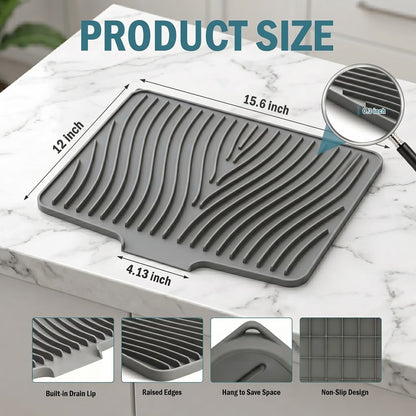 Silicone Dish Drying Mat for Kitchen Counter or Sink, Non-Slip Dish Drainer Mat with Built-in Drain, Heat Resistant Drying Pad, Grey