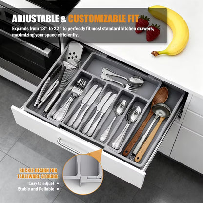 Expandable Silverware Organizer for Drawer, Adjustable Utensil Tray with 2 Removable Blocks, 6-8 Slot Cutlery Organizer for Spoons, Forks & Knives, Large Capacity, Gray