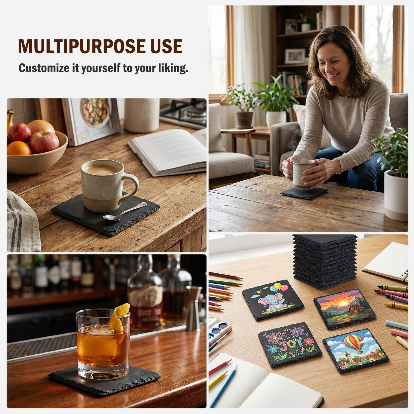 24Pack 4" Square Slate Coasters for Laser Engraving, Natural Black Stone Drink Coasters with Non-Slip Protective Pads for Coffee Table, DIY Craft