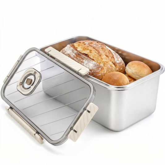 Time Recording Bread Storage Container with Clear Lid, Stainless Steel Bread Box for Kitchen Counter, Ideal for Storing Homemade Bread, Vegetables, Cookies and Fruit (Silver)