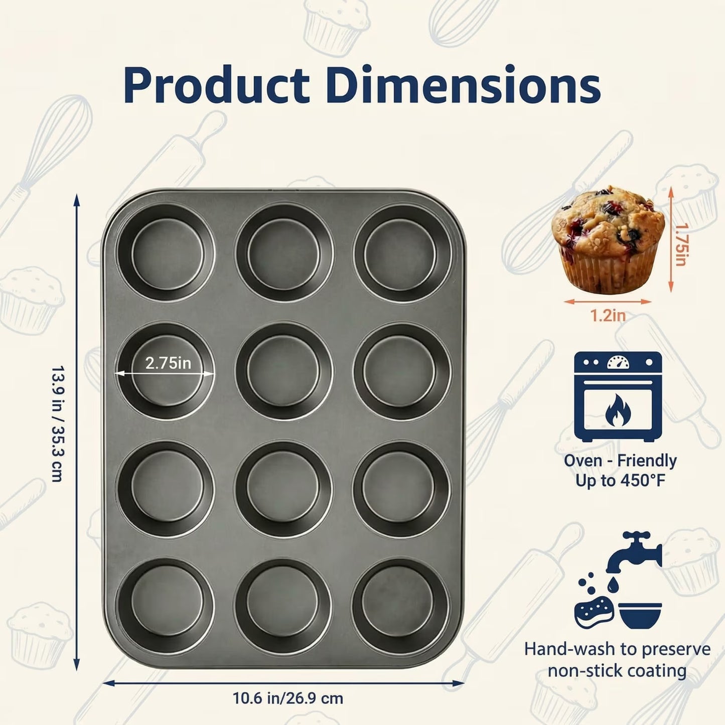12-Cup Nonstick Muffin Pan Set of 2 — Carbon Steel Cupcake Trays for Brownies, Egg Bites & Standard Baking, Nesting Design