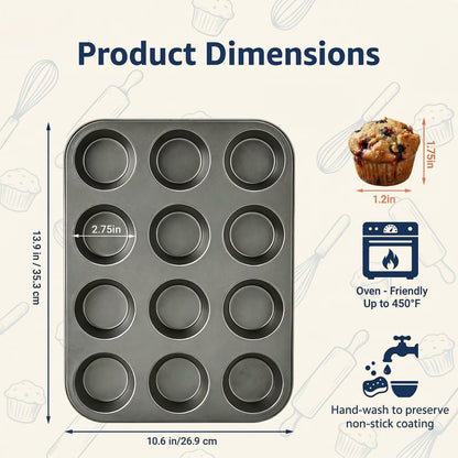 12-Cup Nonstick Muffin Pan Set of 2 — Carbon Steel Cupcake Trays for Brownies, Egg Bites & Standard Baking, Nesting Design