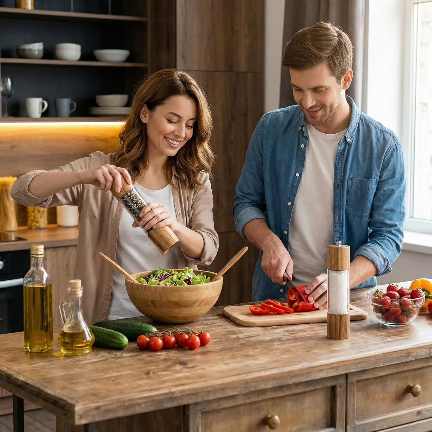 2 Piece Wood Salt Pepper Grinder Set 8 Inch Manual Refillable, Adjustable Ceramic Grinding Core with Serving Tray for Kitchen