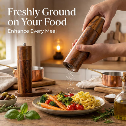 Wooden Salt and Pepper Grinder Set, Refillable Salt & Pepper Mill with Tray & Spoons, Adjustable Rubber Wood Salt & Pepper Shakers Holder with Ceramic Grinder