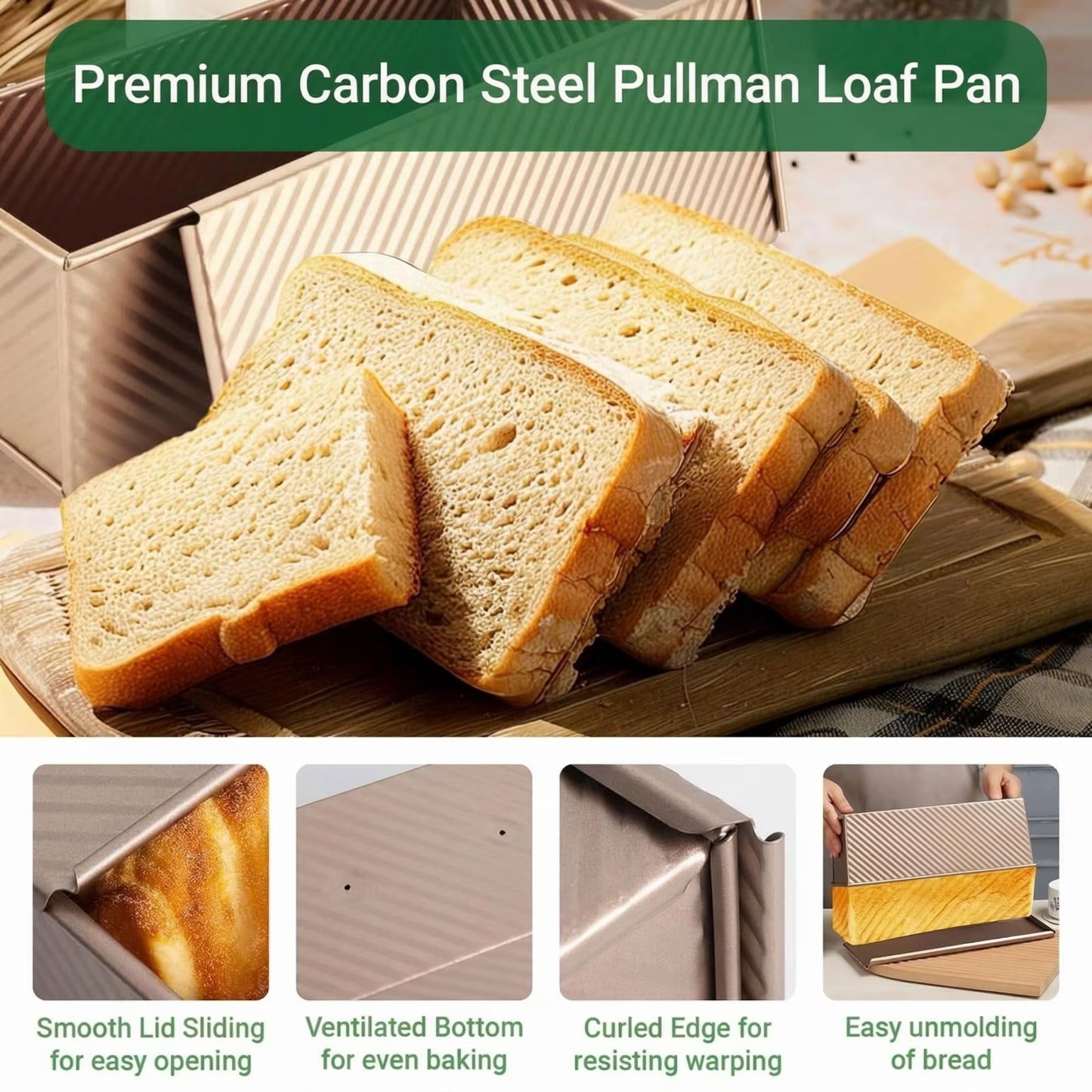 1lb & 2.2lb Pullman Bread Pan Set with Covers - Toolkit Included, Square Loaf Molds for Sandwich Bread & Sourdough, Complete Baking