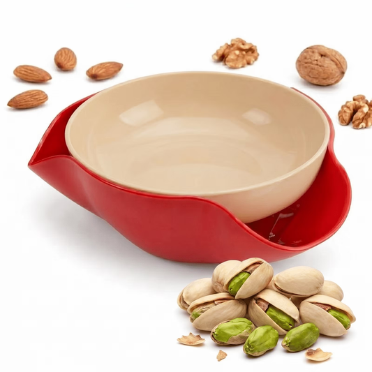 2-in-1 Nut Serving Bowl with Hidden Shell Catcher, 8.3" Pistachio Bowl Tray for Sunflower Seeds Edamame and Cherries, Built-in Waste Holder Design - Red