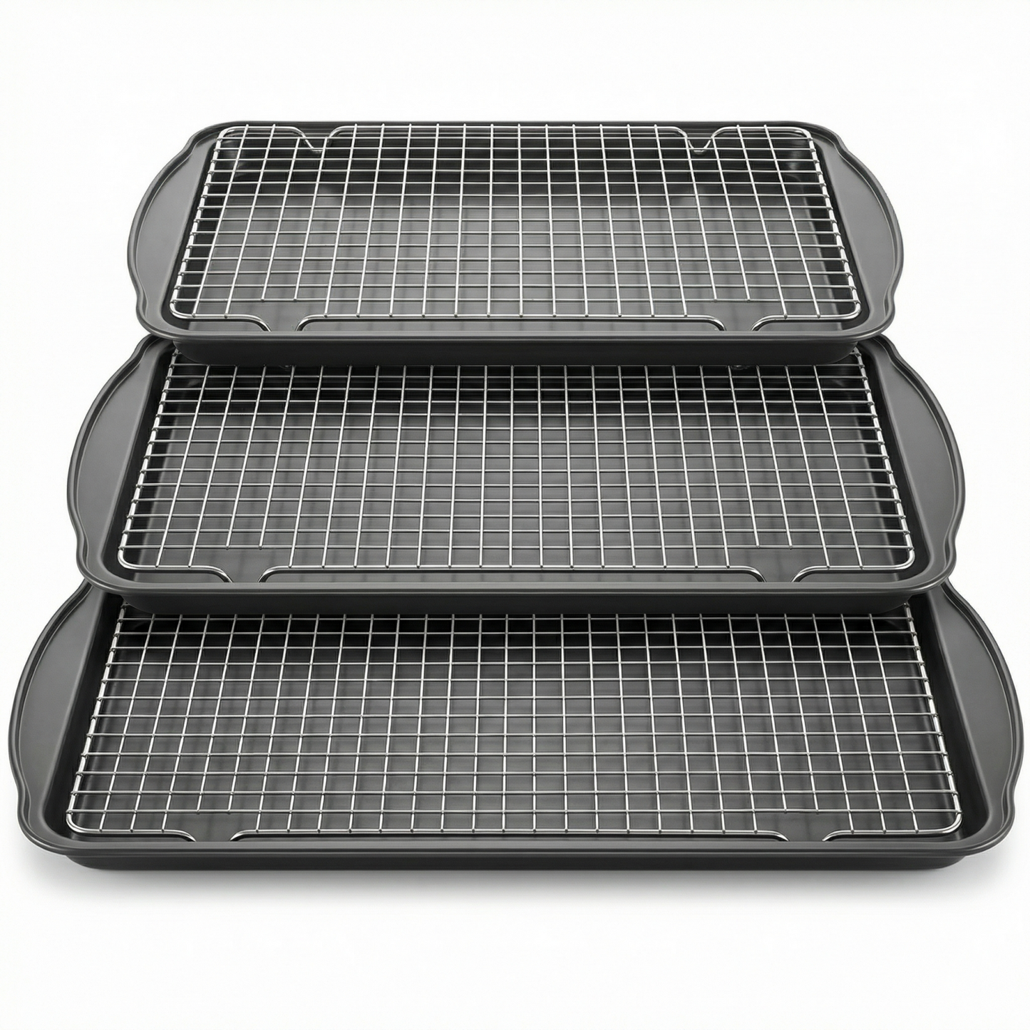 6-Piece Baking Sheet Set with Cooling Racks – 3 Nonstick Carbon Steel Trays (13/15/17 Inch) & 3 Stackable Wire Grids