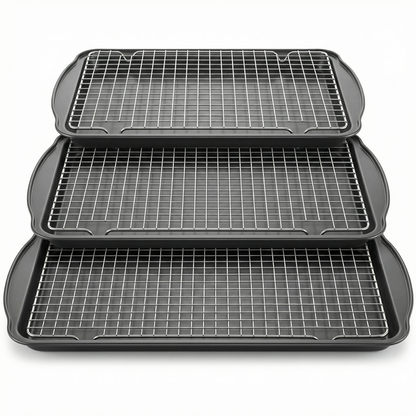 6-Piece Baking Sheet Set with Cooling Racks – 3 Nonstick Carbon Steel Trays (13/15/17 Inch) & 3 Stackable Wire Grids