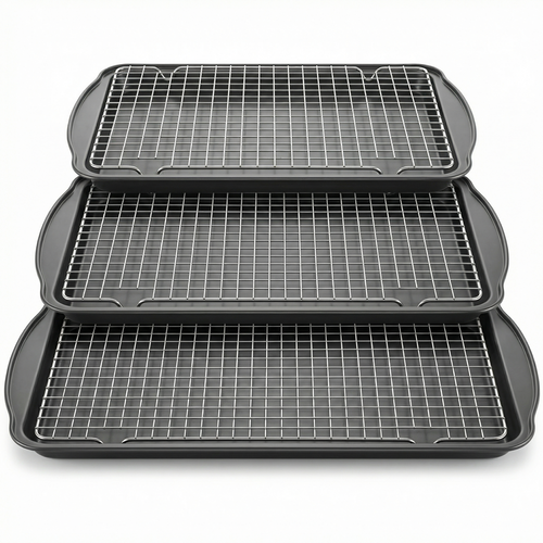 6-Piece Baking Sheet Set with Cooling Racks – 3 Nonstick Carbon Steel Trays (13/15/17 Inch) & 3 Stackable Wire Grids
