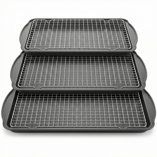 6-Piece Baking Sheet Set with Cooling Racks – 3 Nonstick Carbon Steel Trays (13/15/17 Inch) & 3 Stackable Wire Grids