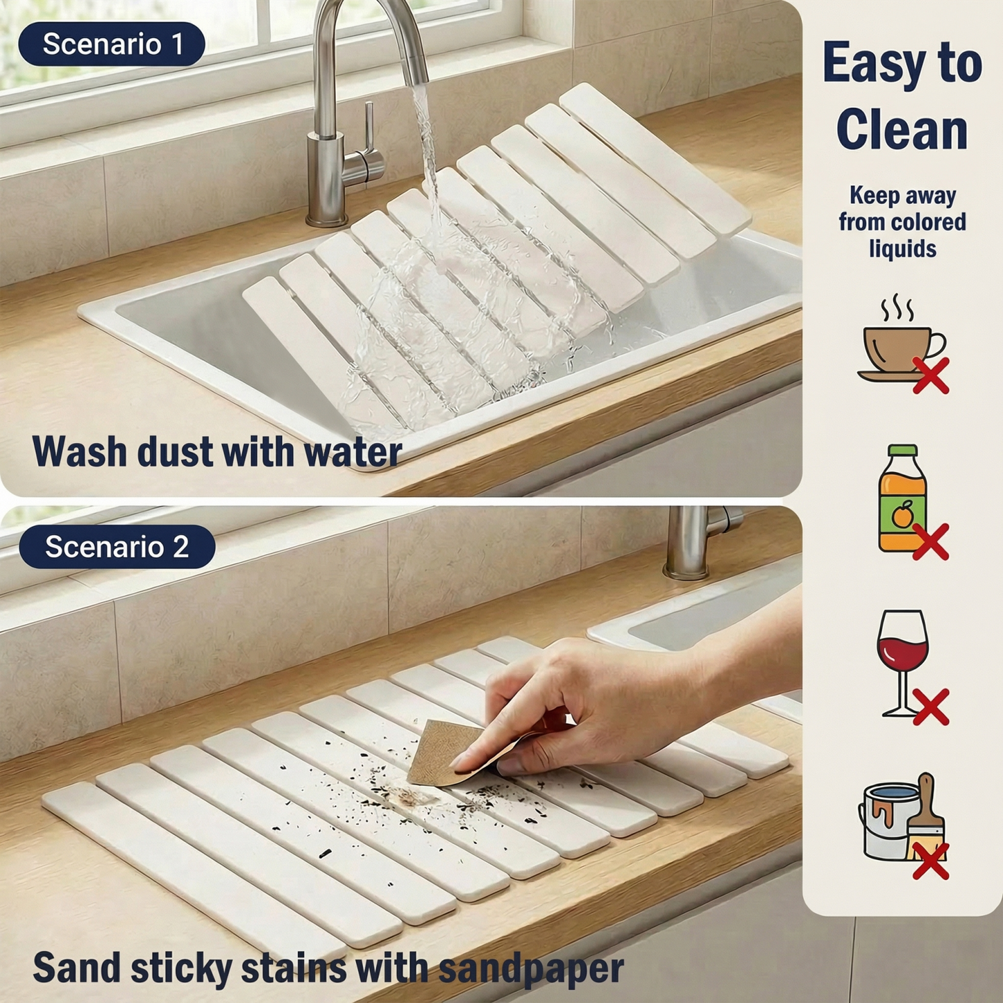 Diatomaceous Earth Dish Drying Mat, 23.6"x15.3" Foldable Stone Drying Mat for Kitchen Counter, Fast Water Absorbing Pad for Mugs and Cookware, Easy Organizing