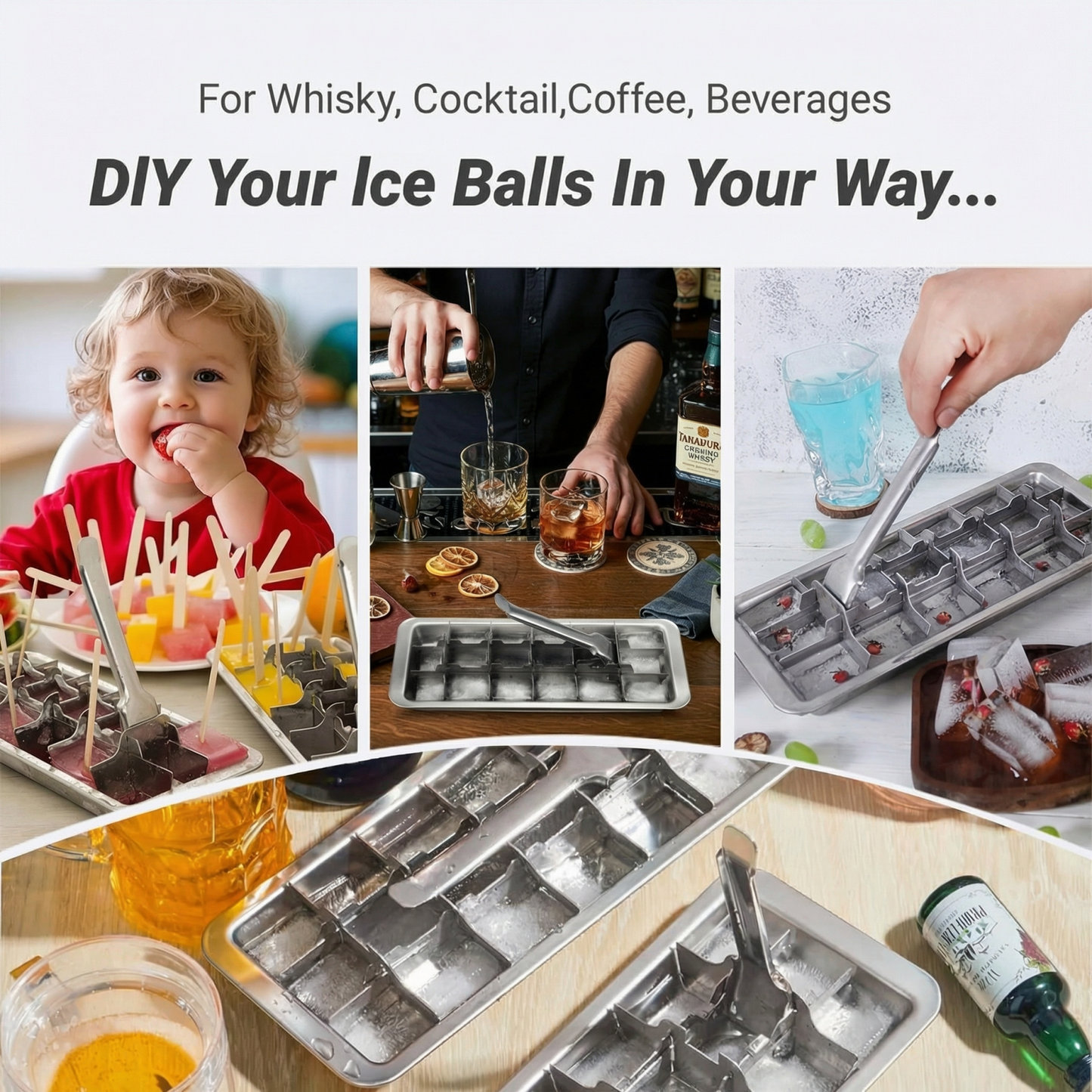 2 Pack 18-Cube Heavy-Duty Stainless Steel Ice Tray with Easy-Lift Handle - 304 Metal Freezer Mold for Cocktails, Kitchen Prep & Baby Food, Bar-Quality Ice at Home