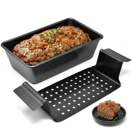 Meatloaf Pan with Drain Tray, 9x5 Inch Nonstick Loaf Baking Pan, Portable Lift & Serve Design for Meatloaf & Bread, Black Bakeware 1 (Pack)