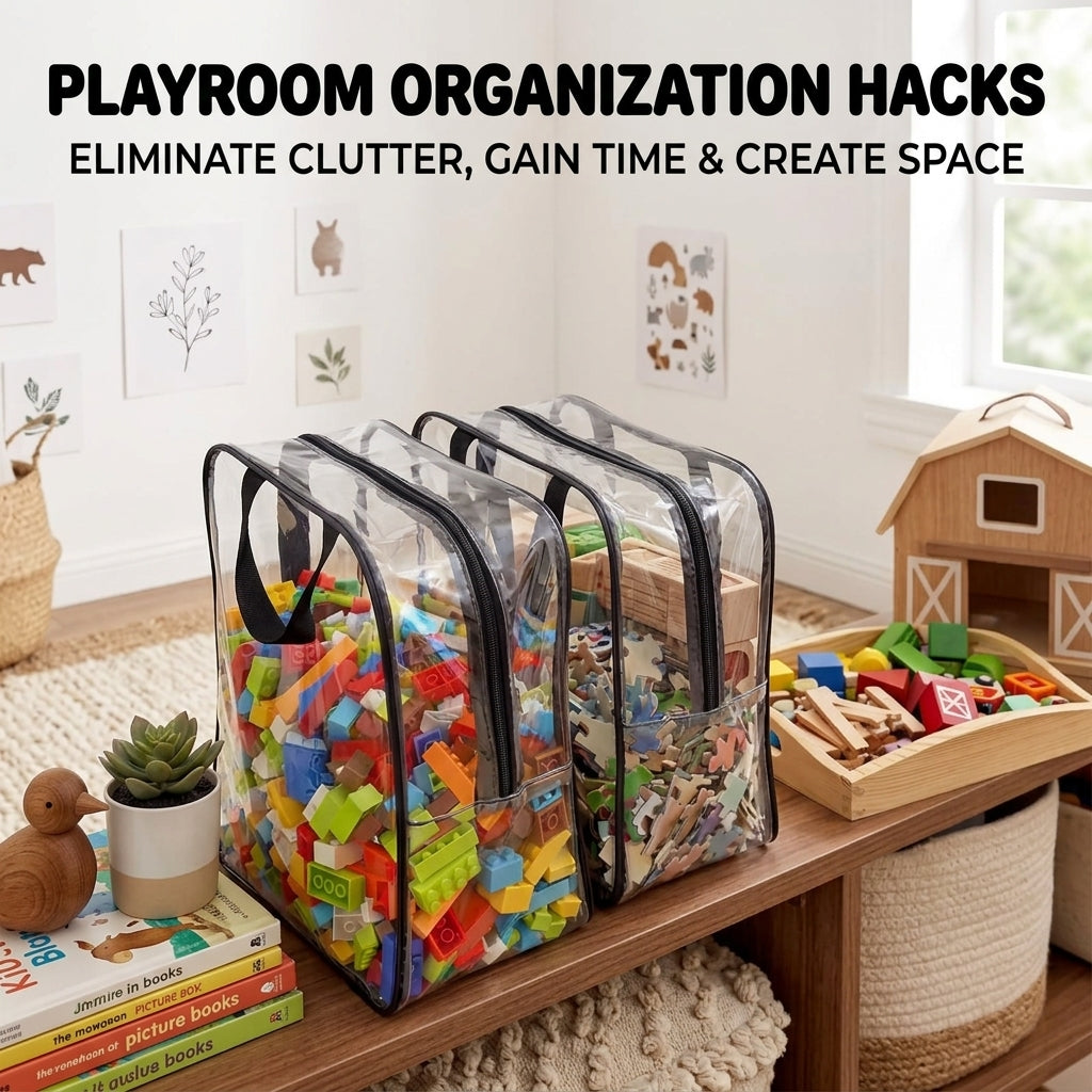 Clear Organizer Bags with Zipper, Clear Storage Bags with Zipper for Toys, Reusable Clear Zipper Pouches and Plastic Storage Bags for Building Blocks Puzzles Toy Storage, 6 Pack