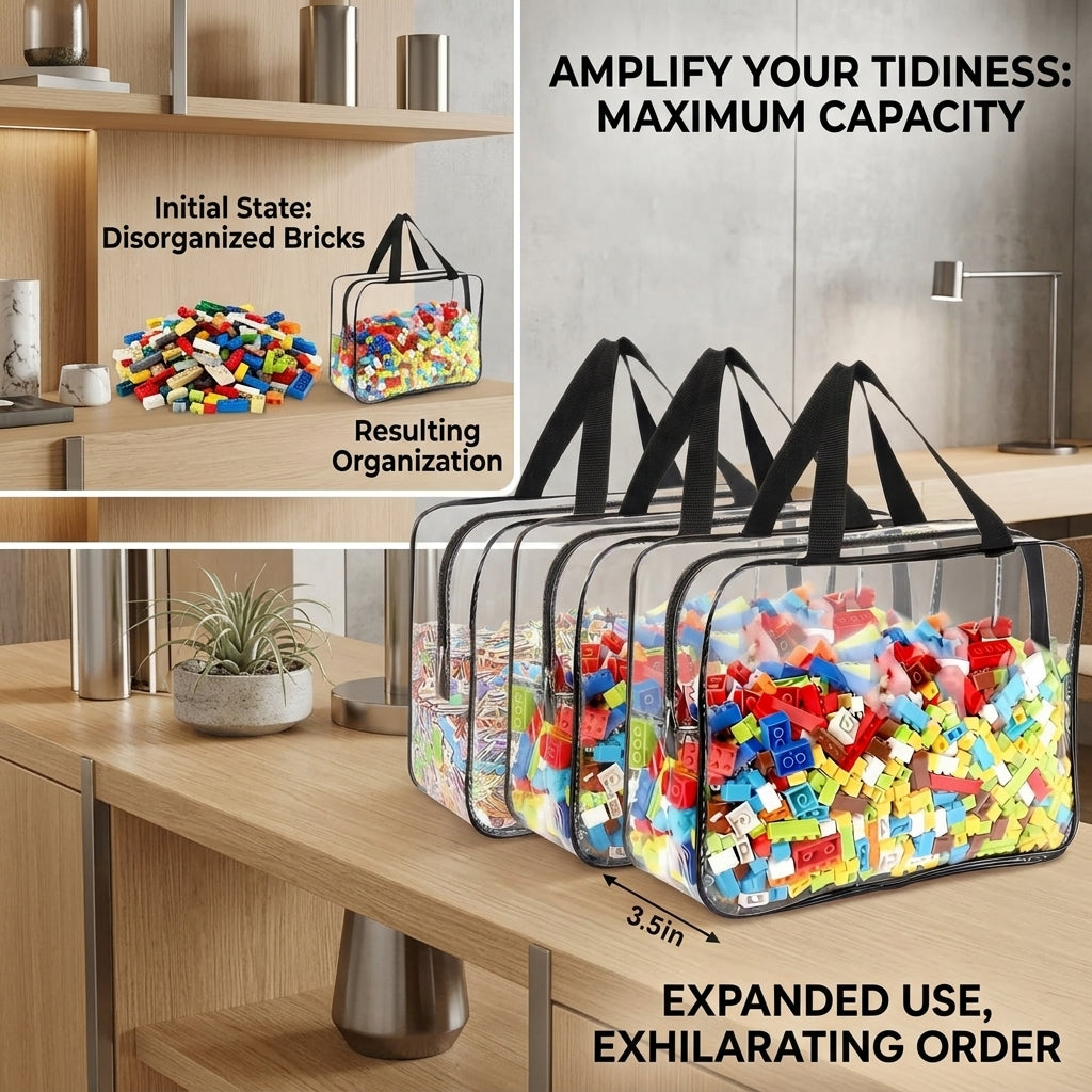 Clear Organizer Bags with Zipper, Clear Storage Bags with Zipper for Toys, Reusable Clear Zipper Pouches and Plastic Storage Bags for Building Blocks Puzzles Toy Storage, 6 Pack