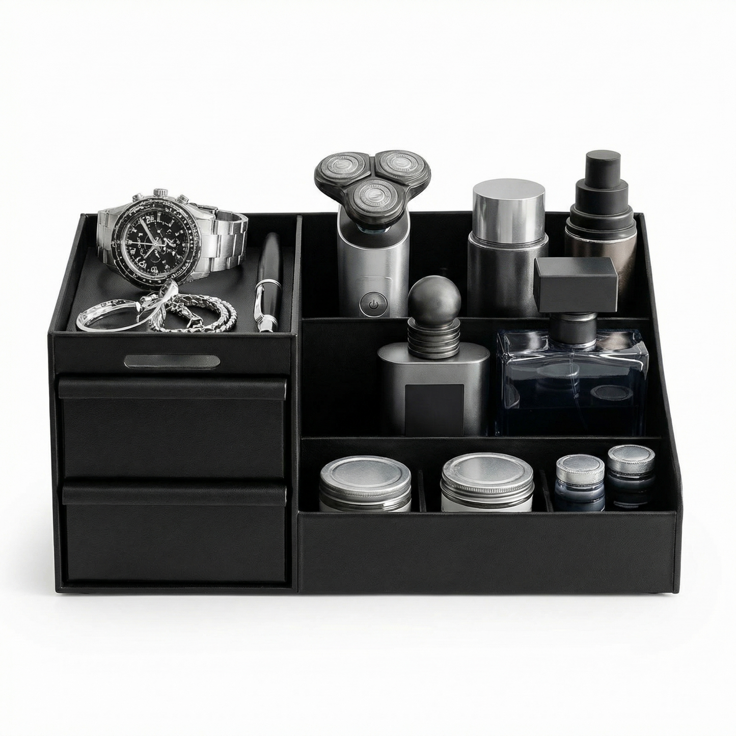 Cologne Organizer for Men, Cologne Stand with 2 Storage Drawers, Vanity Perfume Organizer for Bedroom Dresser, Countertop Display Case