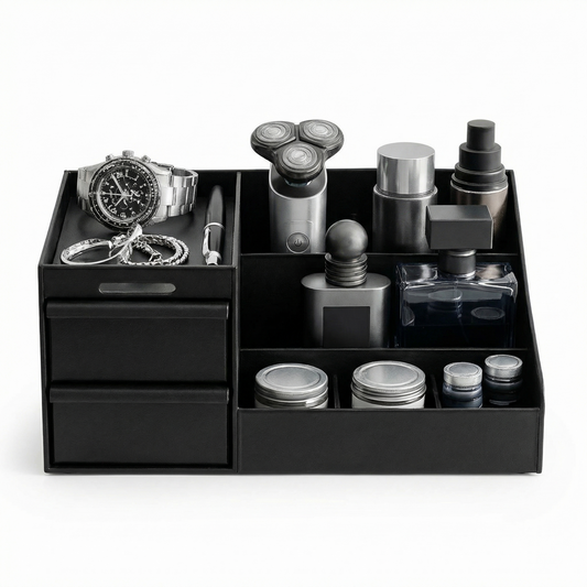 Cologne Organizer for Men, Cologne Stand with 2 Storage Drawers, Vanity Perfume Organizer for Bedroom Dresser, Countertop Display Case