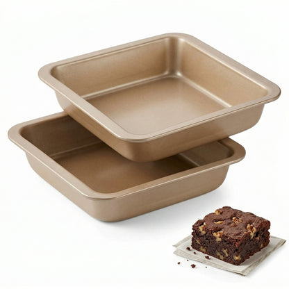 Square Cake Pan 2 Pack 8 Inch Nonstick Baking Pan for Cake, Brownie & Lasagna, Rust-Resistant, Dishwasher Safe & Easy Clean (Golden)