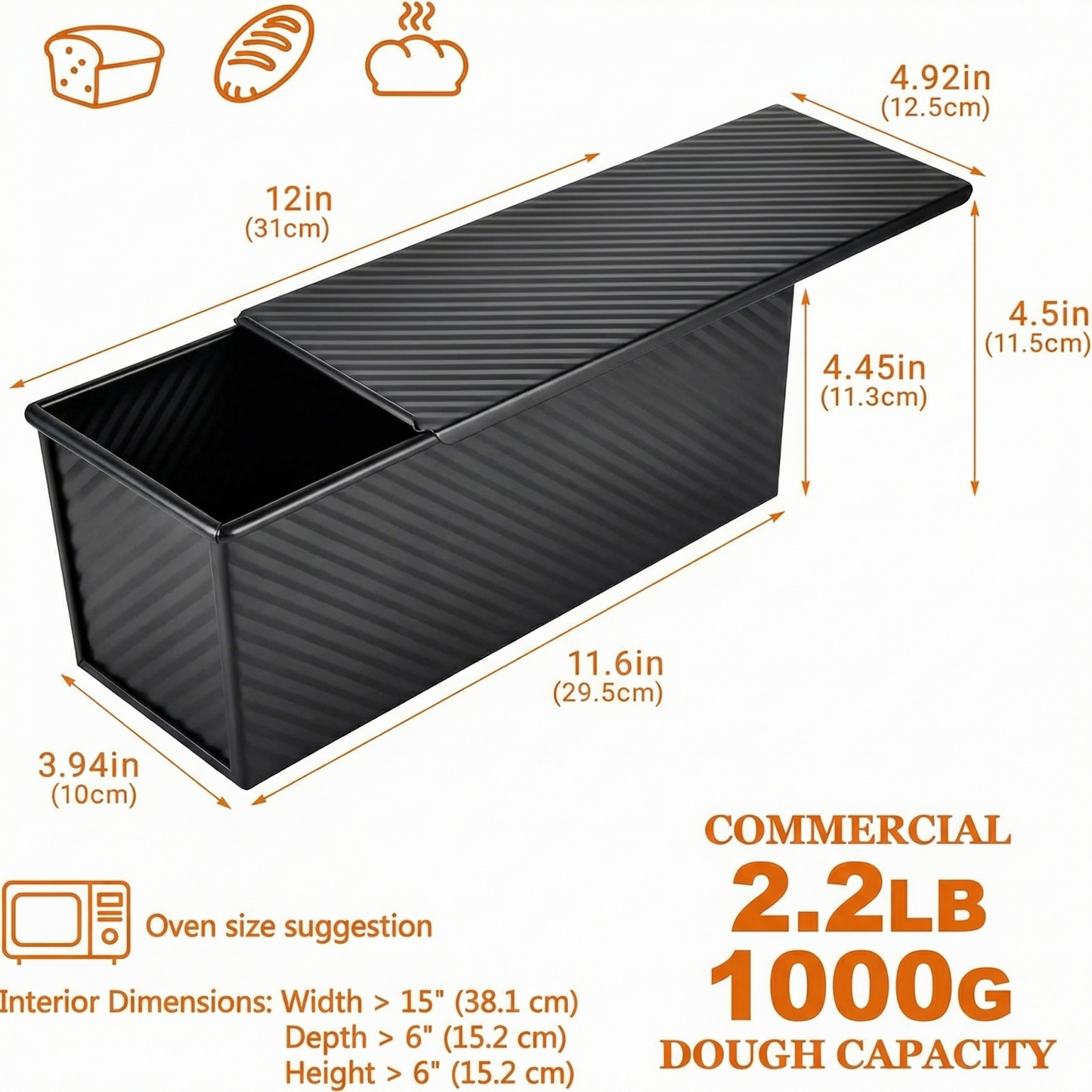 2.2lb Loaf Pan with Lid – 13x4 Inch Nonstick Carbon Steel, for Sandwich Bread & Sourdough, Black