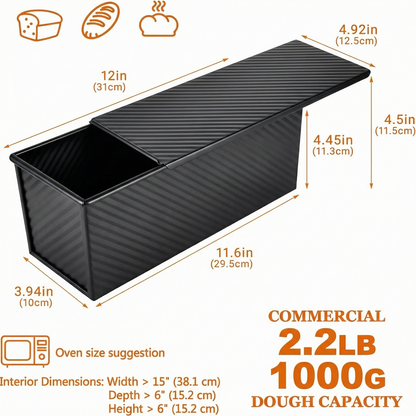 2.2lb Loaf Pan with Lid – 13x4 Inch Nonstick Carbon Steel, for Sandwich Bread & Sourdough, Black