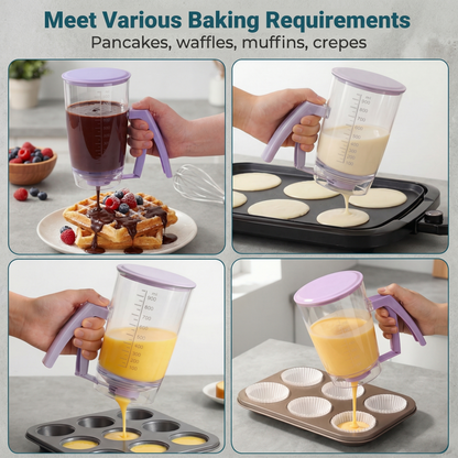 Squeeze-Handle Pancake Batter Dispenser with Measurement Scale - 4-Cup Portion Control Tool for Waffles, Cupcakes & Crepes, Easy-Clean Baking Accessory
