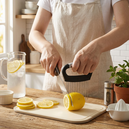 Stainless Steel Onion Slicing Holder - Kitchen Tool for Even Cuts on Potatoes, Tomatoes, Lemons & Round Vegetables, Secure-Grip Design