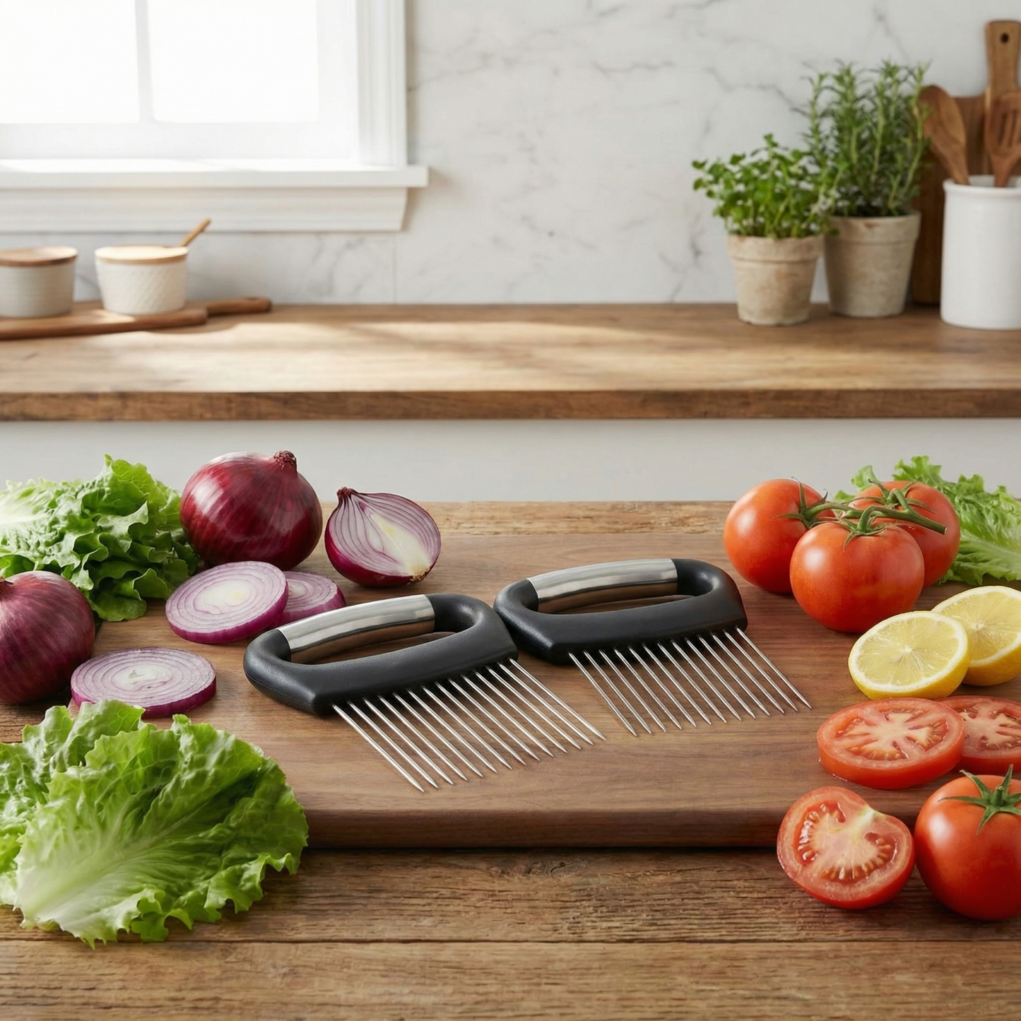 Stainless Steel Onion Slicing Holder - Kitchen Tool for Even Cuts on Potatoes, Tomatoes, Lemons & Round Vegetables, Secure-Grip Design