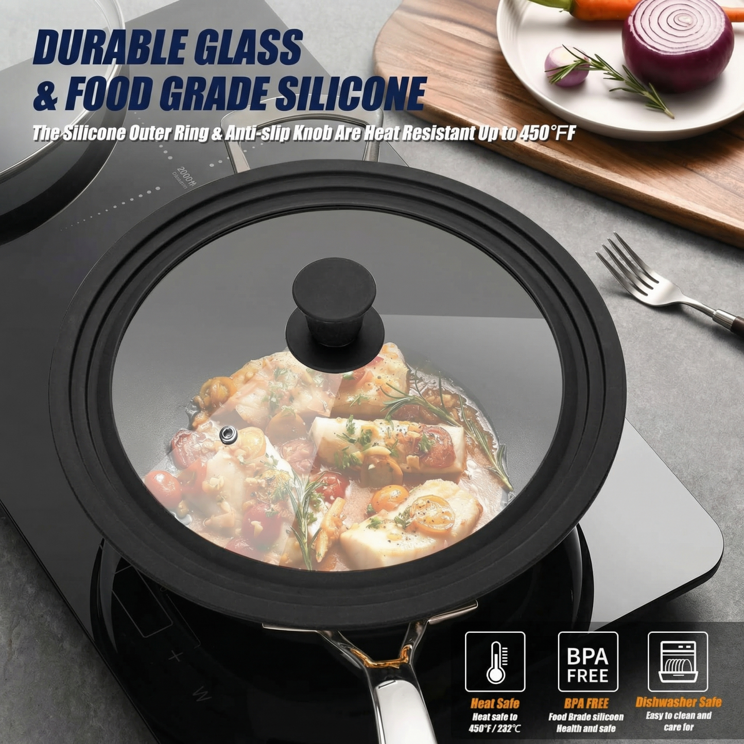 9.5-12 Inch Universal Pot Lid with Vertical Stand - Tempered Glass & Silicone Rim Fits Multiple Pan Sizes, Interchangeable Handle, Heat-Tolerant to 350°F
