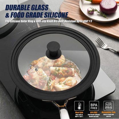9.5-12 Inch Universal Pot Lid with Vertical Stand - Tempered Glass & Silicone Rim Fits Multiple Pan Sizes, Interchangeable Handle, Heat-Tolerant to 350°F