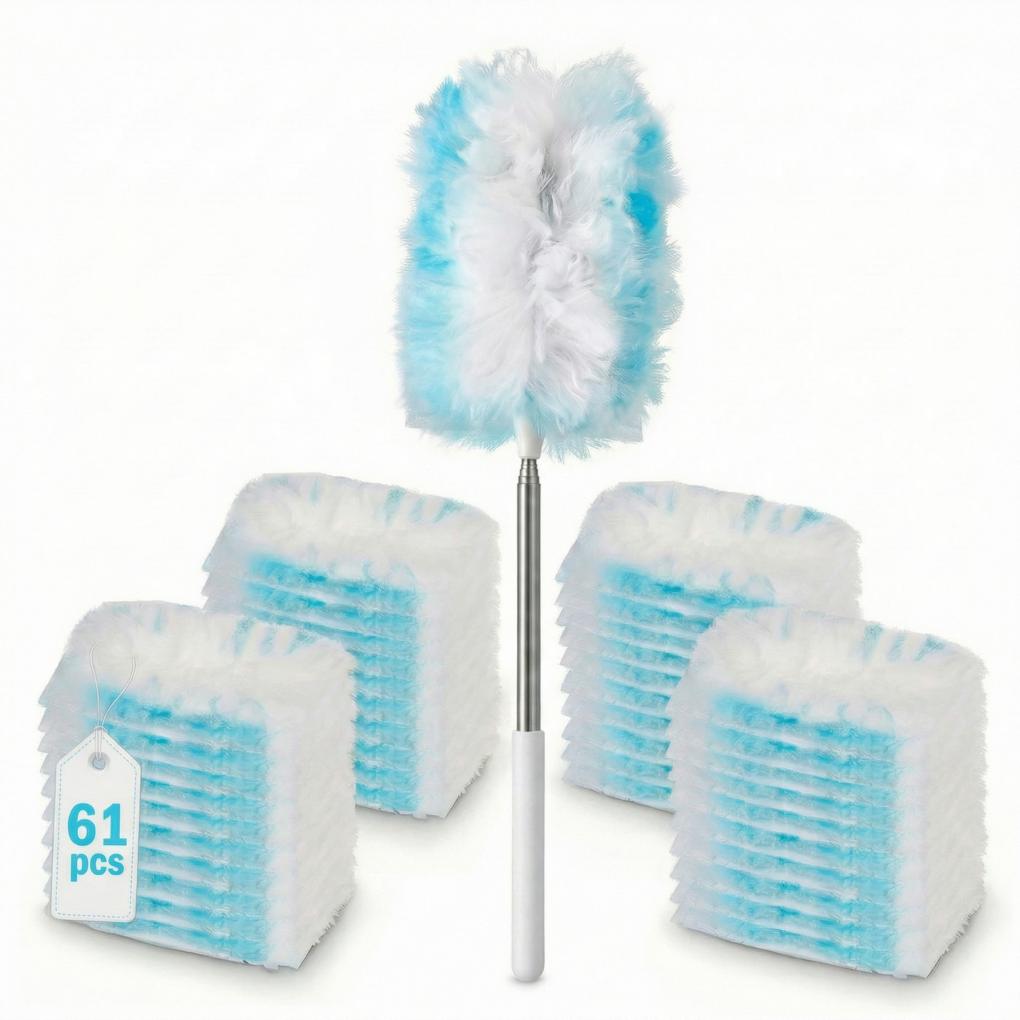 61-Count Disposable Duster Refills with 43" Extendable Handle - Layered Microfiber for Furniture, Blinds, Ceiling Fans & Hard-to-Reach Spaces