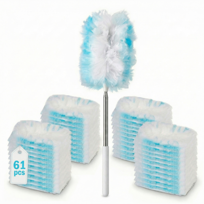 61-Count Disposable Duster Refills with 43" Extendable Handle - Layered Microfiber for Furniture, Blinds, Ceiling Fans & Hard-to-Reach Spaces