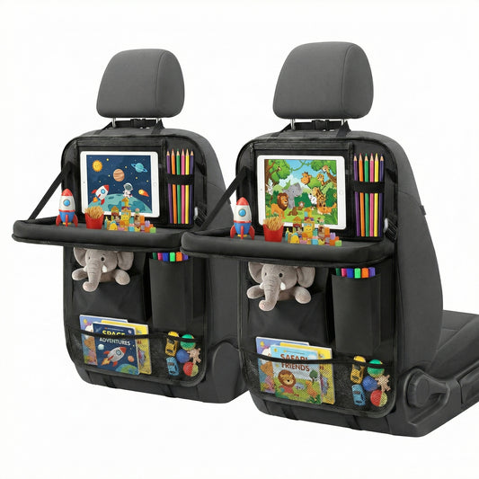 Black Car Backseat Organizer with 10 Storage Pockets & Tablet Holder, Kick Mats Protector for Kids, Perfect for Family Road Trips & Daily Travel Accessorie (2-Pack)